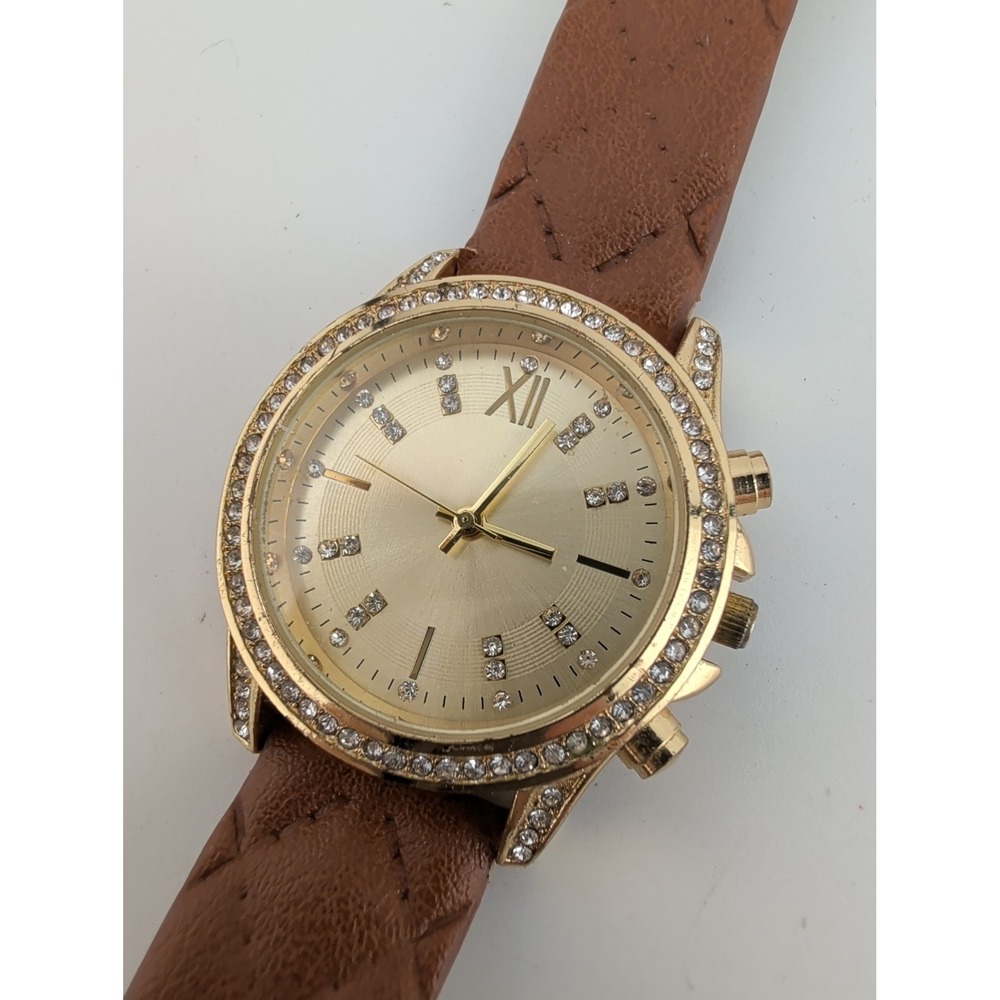 Women's Gold Watch 34mm Case Crystal Bezel Brown Faux Leather Band- New Battery